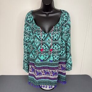 Pappagallo Blouse Womens Large Teal Purple Elephant Medallion Boho Tassel Fringe